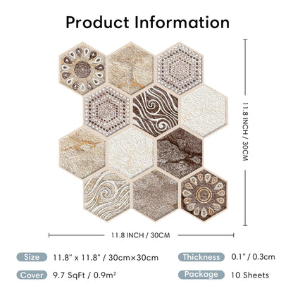 10Pcs 3D Boho Peel and Stick Wall Panel Hexagon Self Adhesive Kitchen Tile Backsplash Thicker Waterproof Wall Sticker