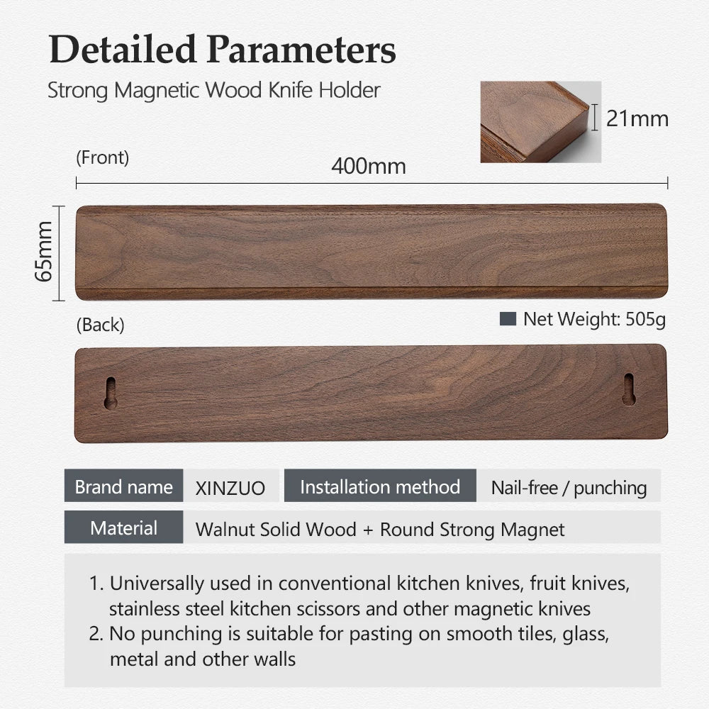 40cm Walnut Solid Wood Magnetic Knife Holder Double Row Strong Magnetic Force No Nails/ Punching Kitchen Accessories