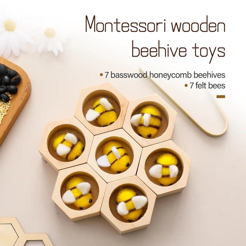 Wooden Montessori Bee Grab Toy Baby Hand And Foot Fine Exercise Toys Wooden Replica Beehive Plush Cartoon Bee Baby Birthday Gift