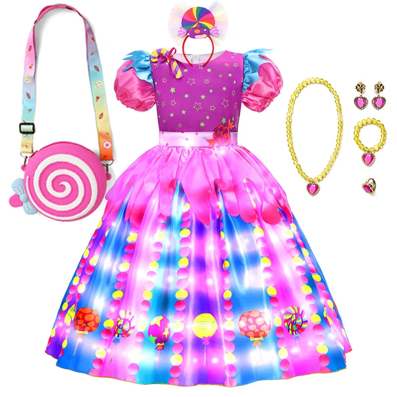 LED Light Up Princess Candy Dress For Girl Lollipop Party Clothing Kids Cosplay Costume New Years Dress 2-10Y