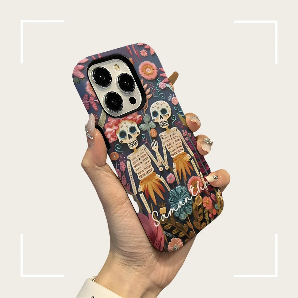 Fashion Embroidery Effect Skull Skeleton Phone Case For iPhone 16 15 Pro Max 16 Plus 2 in 1 Hard Protection Cover Funda