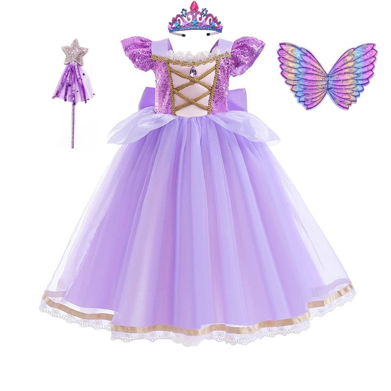 Purple Puff Sleeve Princess Ball Gown with Lace and Sequins