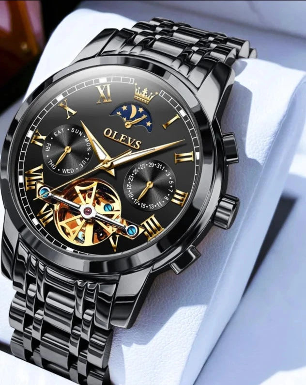 Automatic Mechanical Watch for Men Skeleton Flywheel Design Stainless steel Waterproof Moon Phase Watch