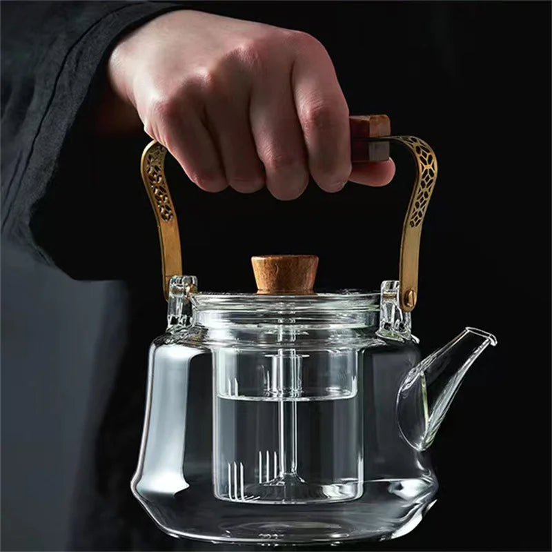 Japanese Heat Resistant Glass Tea Pot with Infuser Copper Wood Handle 1150ml High Borosilicate Tea Kettle