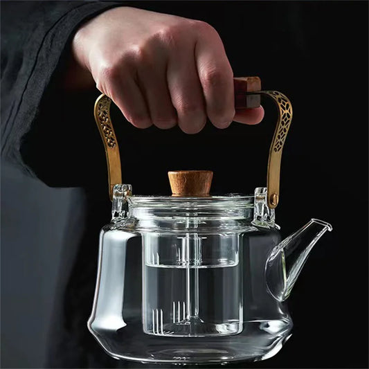 Japanese Heat Resistant Glass Tea Pot with Infuser Copper Wood Handle 1150ml High Borosilicate Tea Kettle