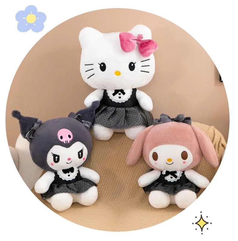 Kawaii Kuromi My Melody Plush Toy with Black Bow Skirt Cute Hello Kitty Stuffed Doll for Kids Birthday Xmas Gift Large Size Toy