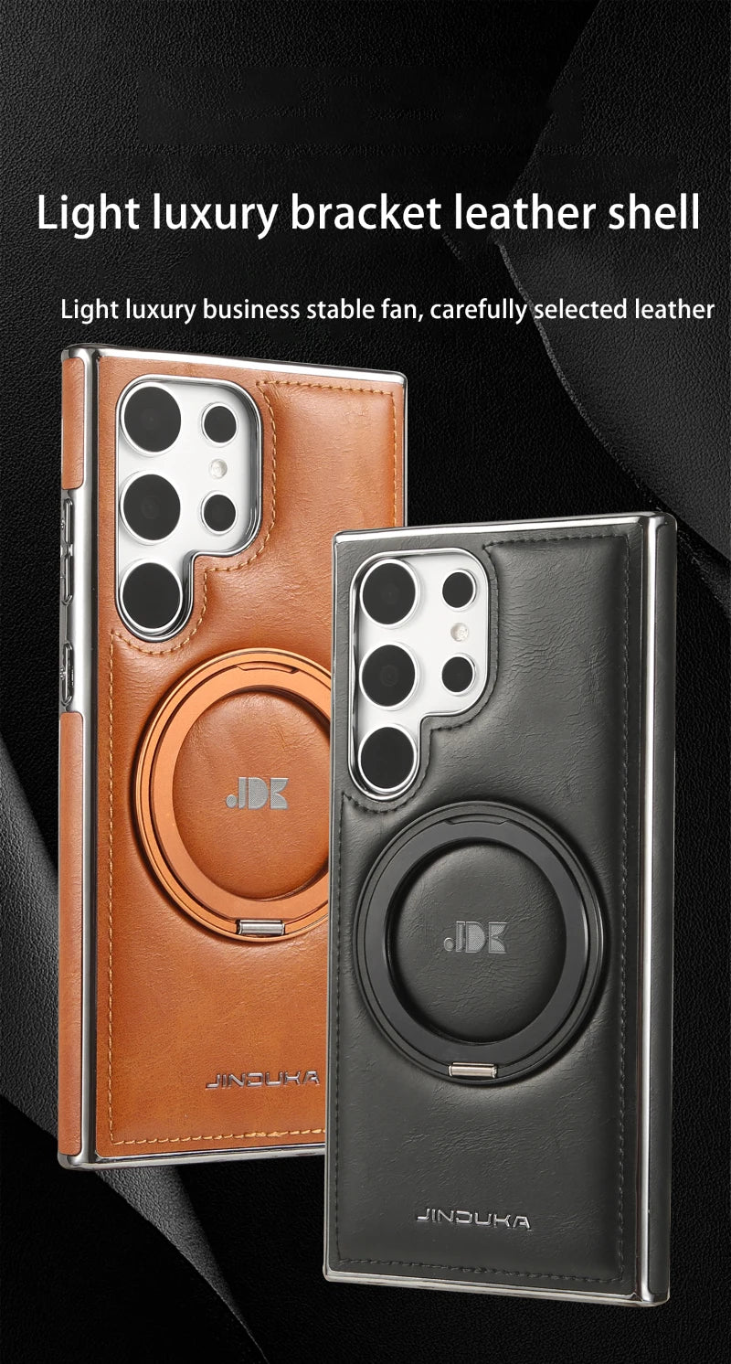 For Magsafe  360°Rotating Metal Car Bracket Ring Solid Color Leather Phone Case For Samsung S24 Ultra S22 S23 Ultra Plus