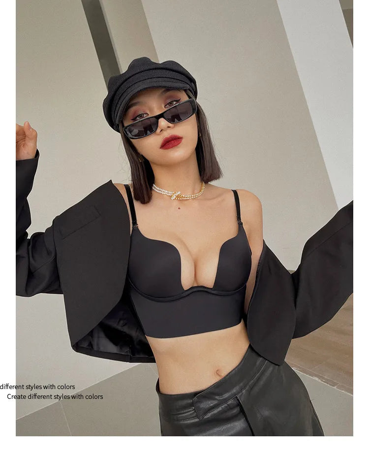 Womens Deep U Neck Seamless Underwire Push Up Bra