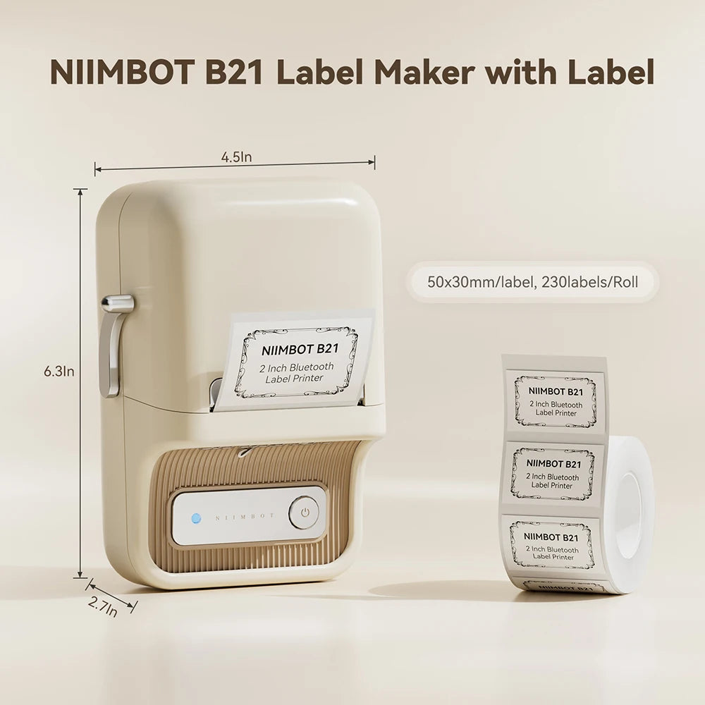 B21 Mini Thermal Label Printer, Bluetooth Wireless Barcode Label Maker, Portable Inkless Sticker Printer for Business & Office