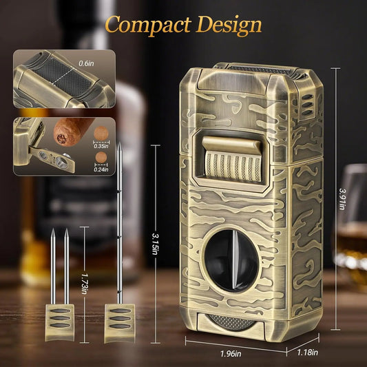 Cigar Lighter, 7-in-1 Cigar Lighter, Dual-Flame Windproof, Built-in Dual Punch, V-Cut, Flat Cut, Cigar Holder (No Butane)