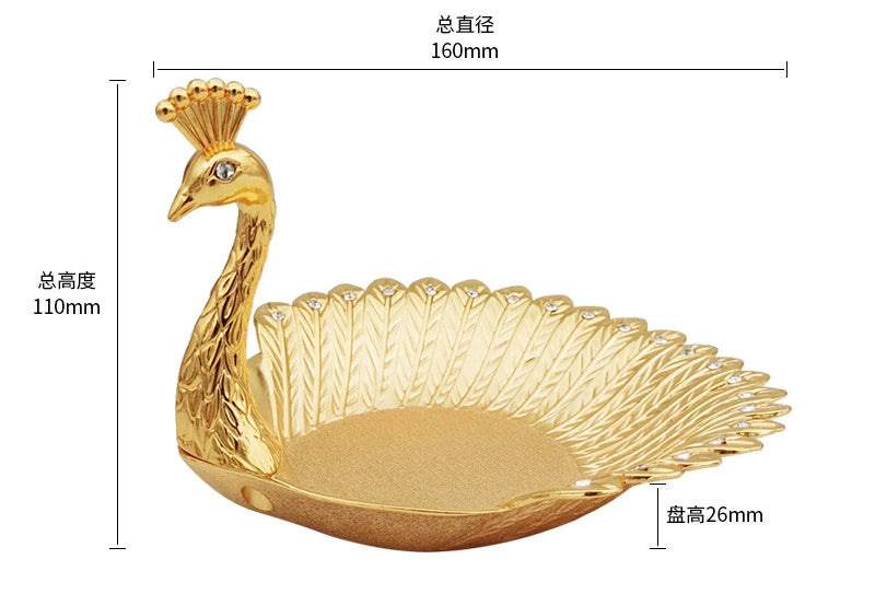 Pretty Gold Peacock Fruit Plate Luxury Zinc Alloy Tray Delicate Storage Plate for Candy Trinket Jewelry Snack Serving Home Decor