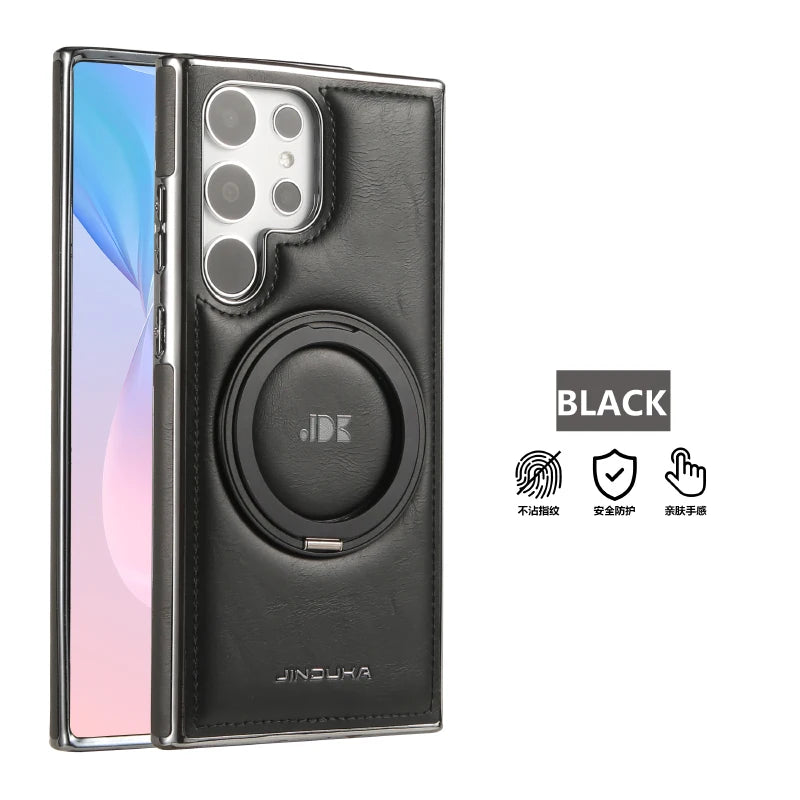 For Magsafe  360°Rotating Metal Car Bracket Ring Solid Color Leather Phone Case For Samsung S24 Ultra S22 S23 Ultra Plus
