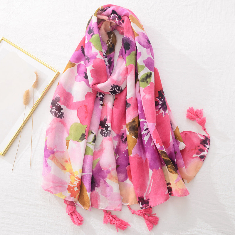 Spring Scarf Pink Blue Floral Paisley Printed Scarves Women Lady Girl Cotton Linen Bohemian Scarf For Summer Beach Shawl Bandana