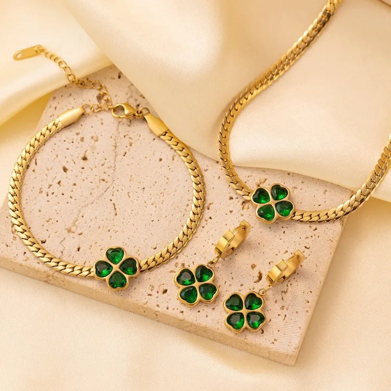 Trendy Green Clover Zircon Necklace Bracelet Earrings For Women Girls Gold Plated Waterproof Neck Chain 45 cm