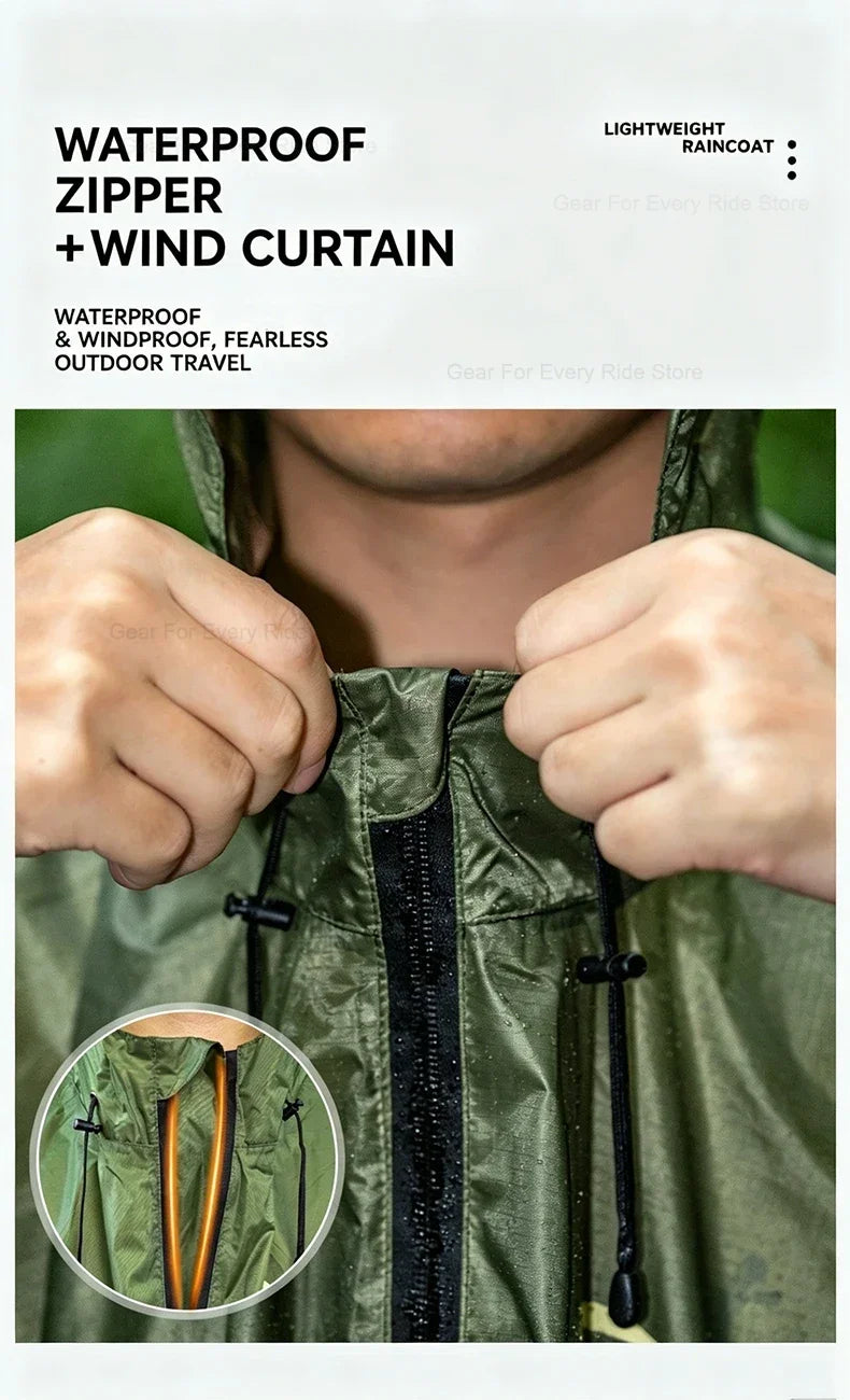Ultralight Waterproof Zipper Raincoat with Adjustable Hood for Hiking and Camping