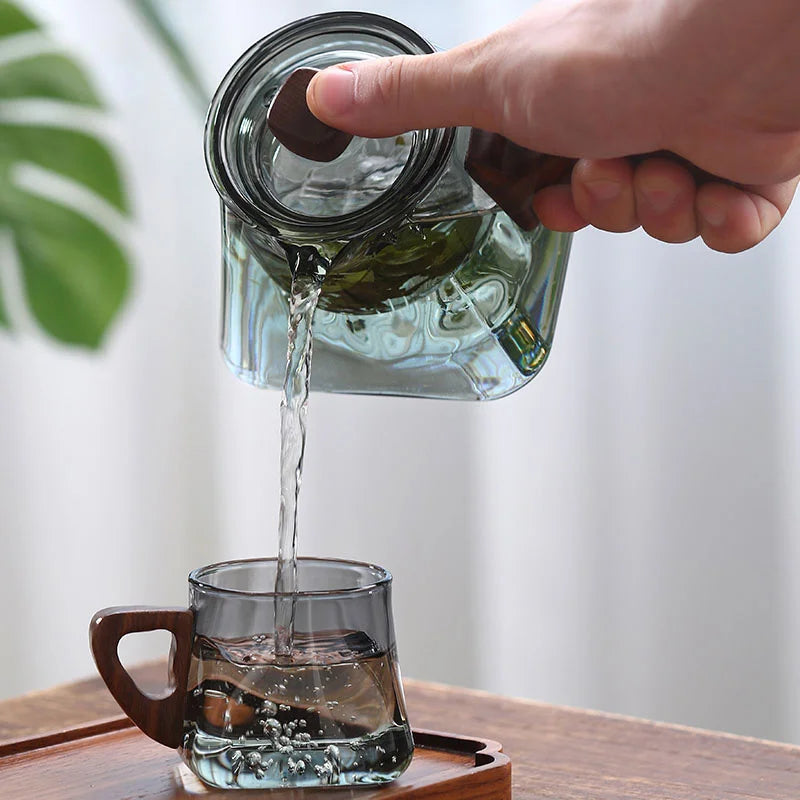 450ml Square Bottom Mountain Glass Teapot With Infuser Side Wooden Handle Tea Pot Puer Oolong Tea Maker Kungfu Tea Set