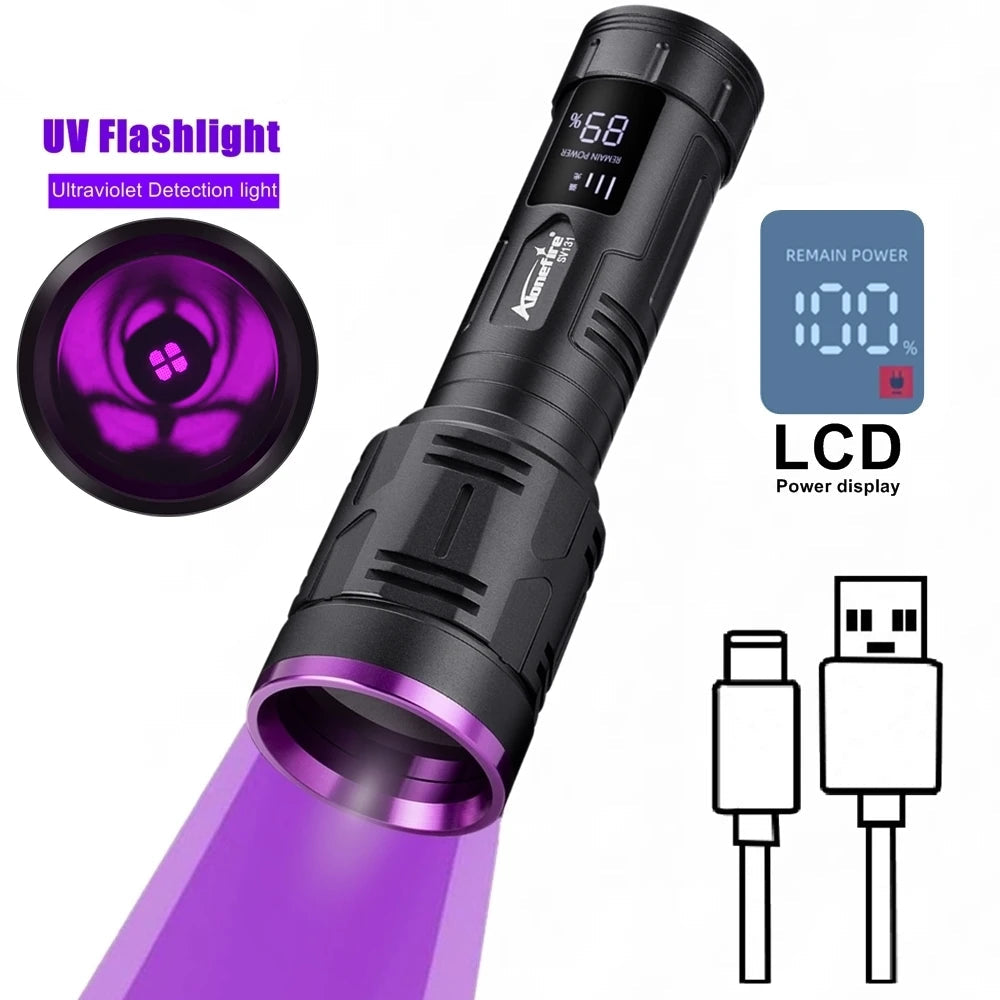 20W 365nm UV Rechargeable Blacklight Flashlight With LCD Display