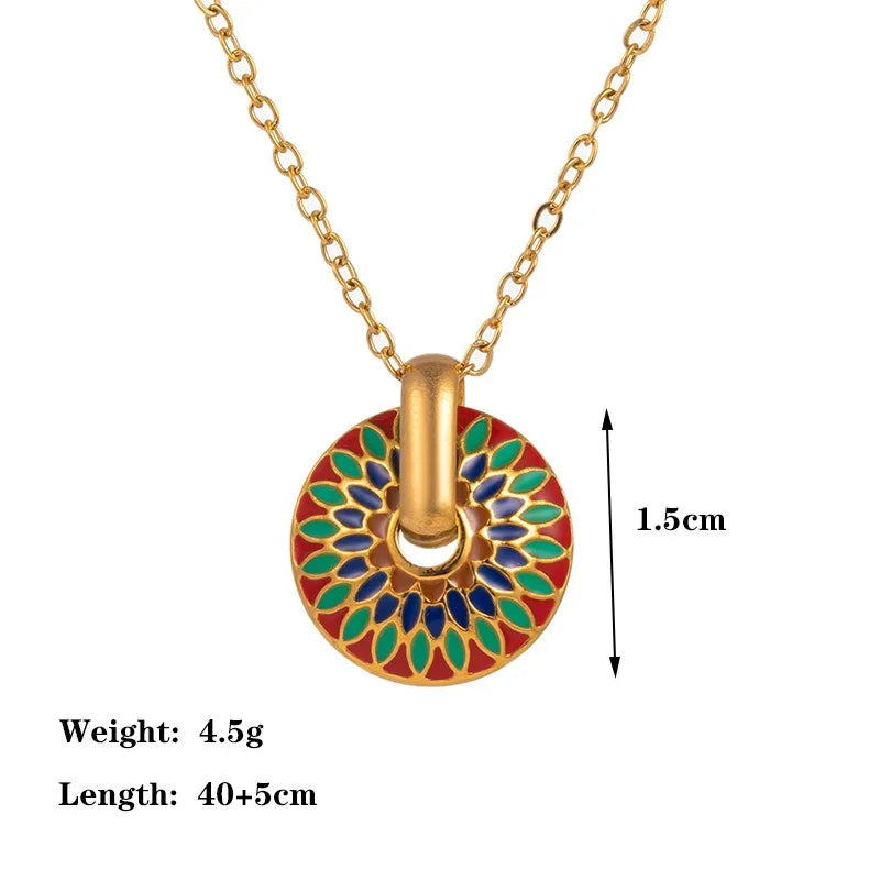 Colorful Enamel Choker Titanium Steel Pendent Necklace For Women Girl Bohemian Daisy Stud Earrings Handmade Jewelry Set 45 cm