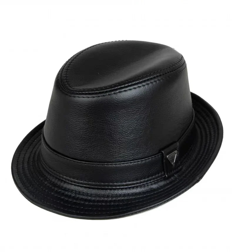 Man High Quality Genuine Leather Jazz Fedora Gentleman Cow Skin Short Brim Fitted Top Hat Male Shows