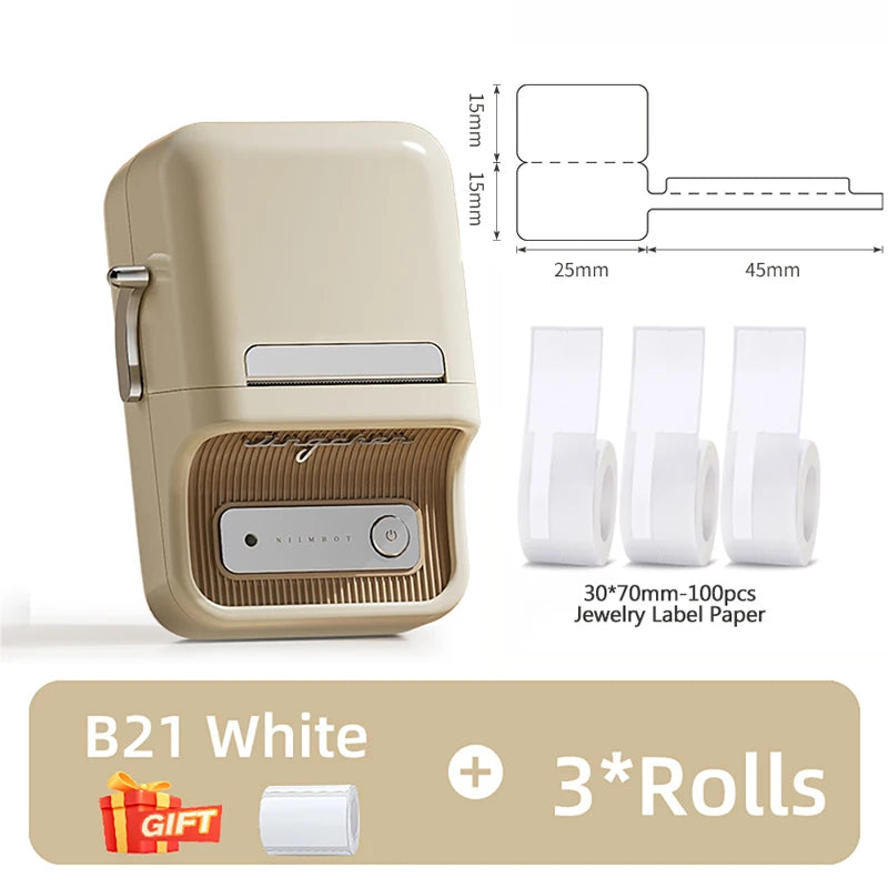 B1/B21 Jewelry Label Printer, Bluetooth Wireless Thermal Sticker Maker 20–50mm, Inkless Price Tag Label Machine for Necklace Ring Bracelet