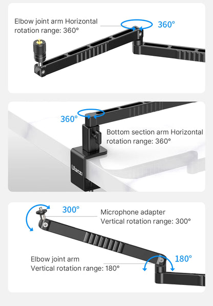 Low Profile Microphone Arm with Cable Channels Desk Clamp 360° Rotatable Foldable for Streaming Recording