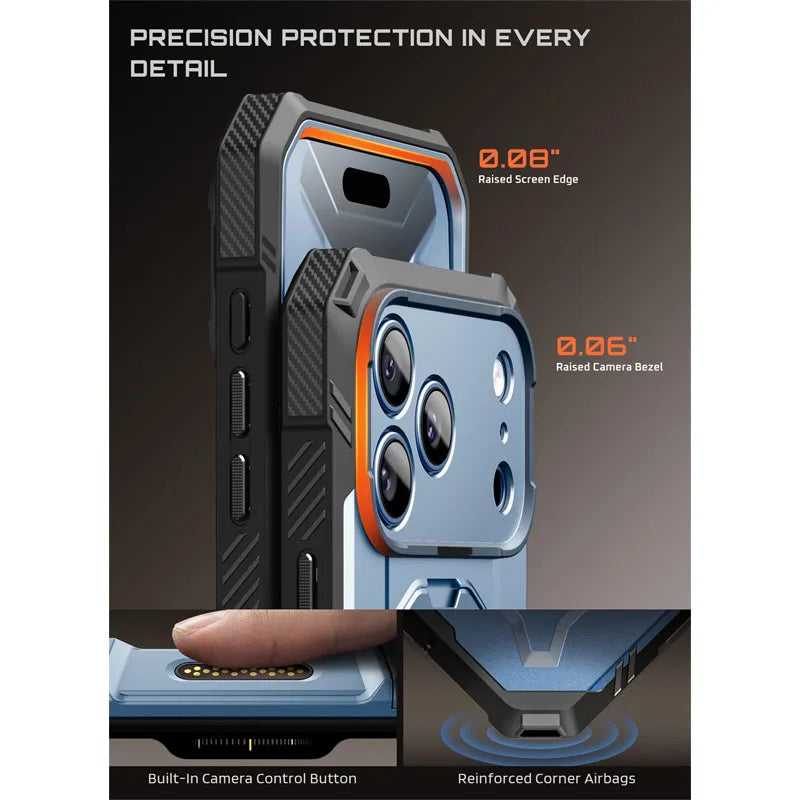 Rugged Magnetic Phone Case with Tempered Glass Screen Protector and Aluminium Kickstand for iPhone 17 Pro and iPhone 18 Pro