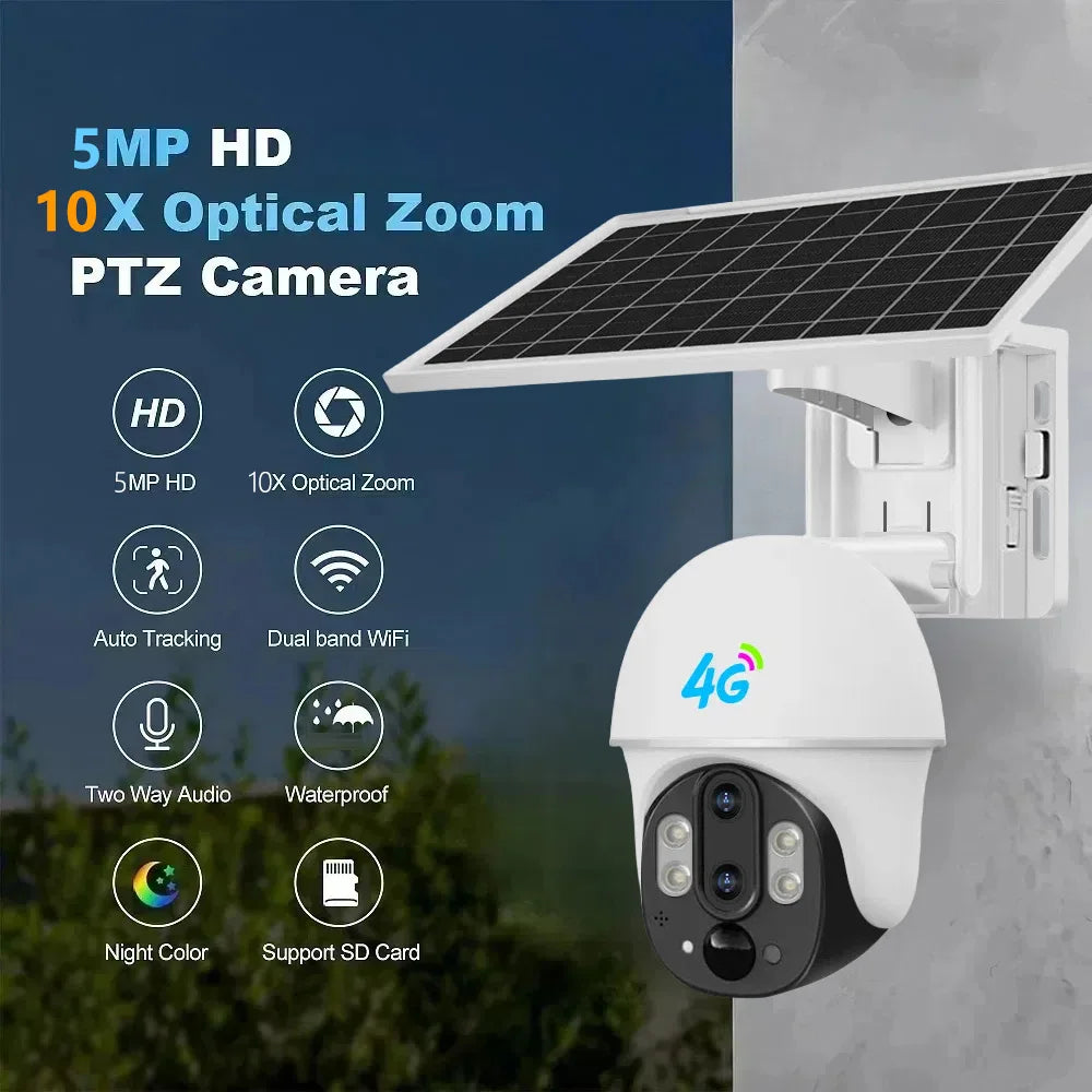 Outdoor Solar 4G Camera 10X Optical Zoom Night Vision Battery CCTV Monitor PIR Human Detection Waterproof Security Video Camera