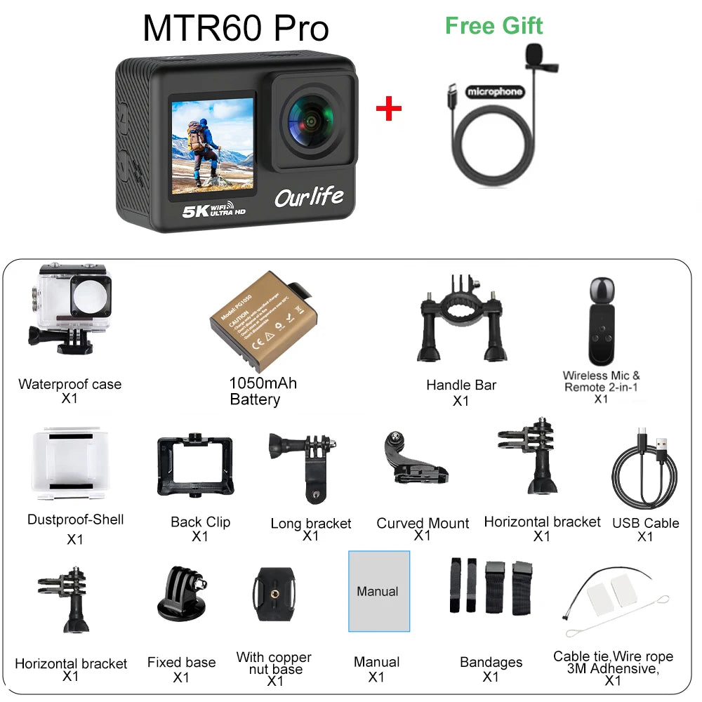 5K Action Camera with 2.0 Inch Touch Screen WiFi EIS and 30M Waterproof Housing