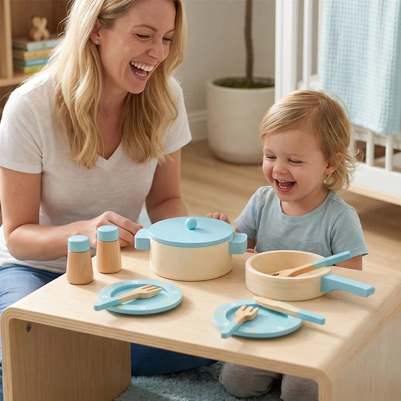 Wooden Pretend Play Kitchen Set with Pots Pans and Utensils