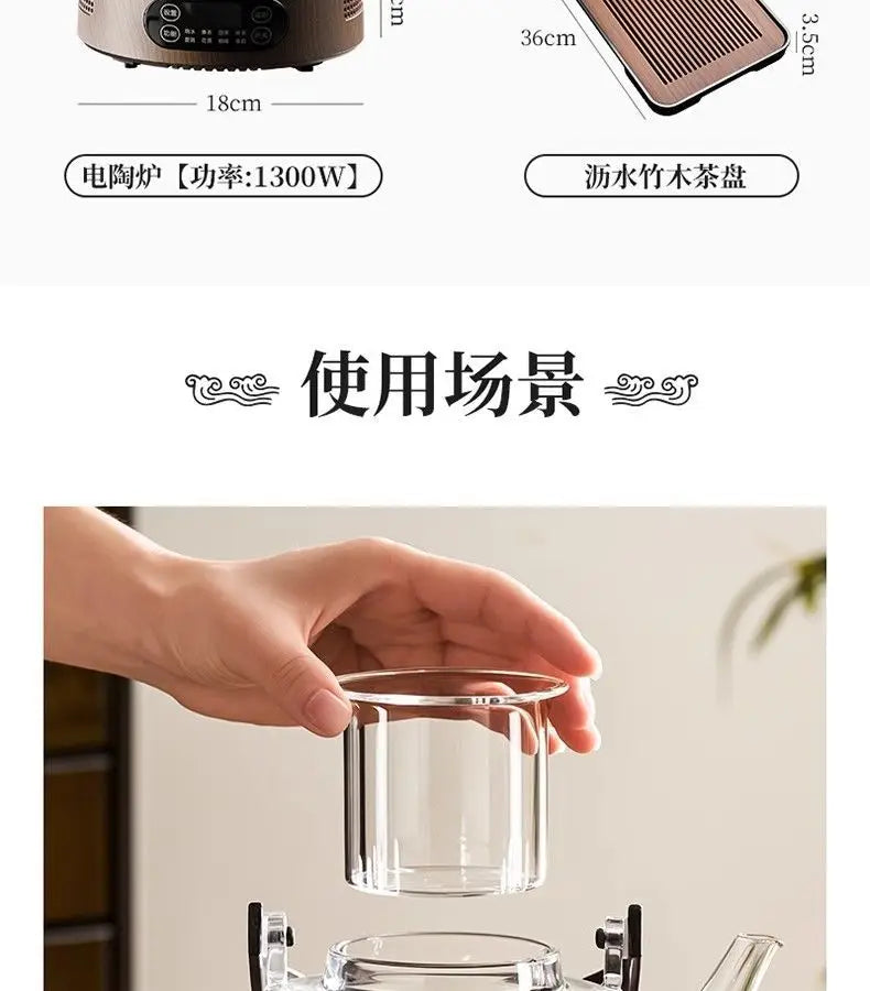 Heat Resistant Glass Tea Kettle with Filter Bamboo Handle Flower Tea Pot 1L