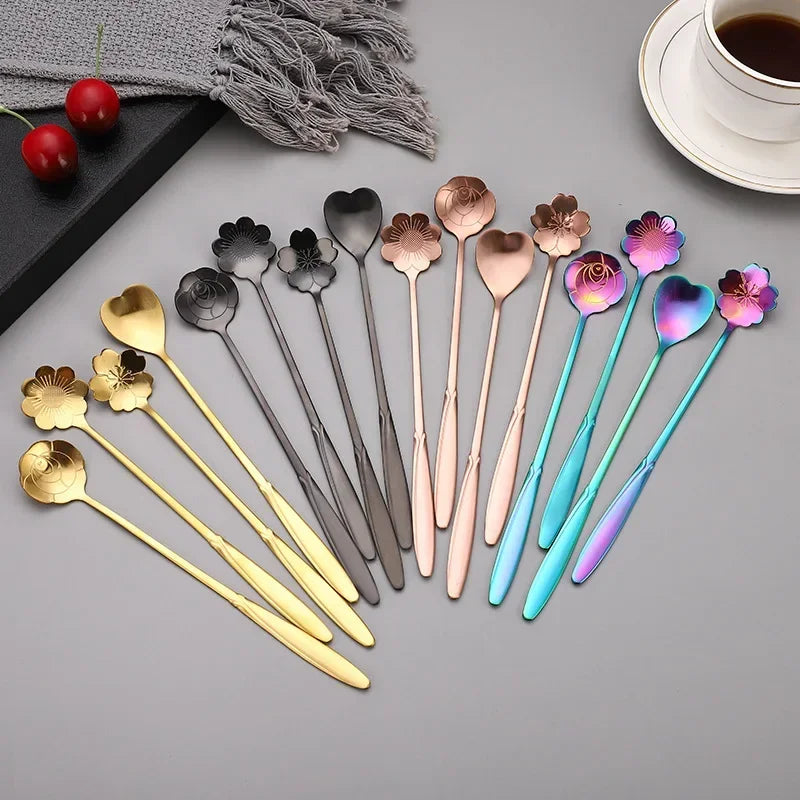 4pcs Long Flower Spoon Stainless Steel Dessert Spoons Gold Long Handle Teaspoon Mixing Scoop for Coffee Cake Kitchen Accessories
