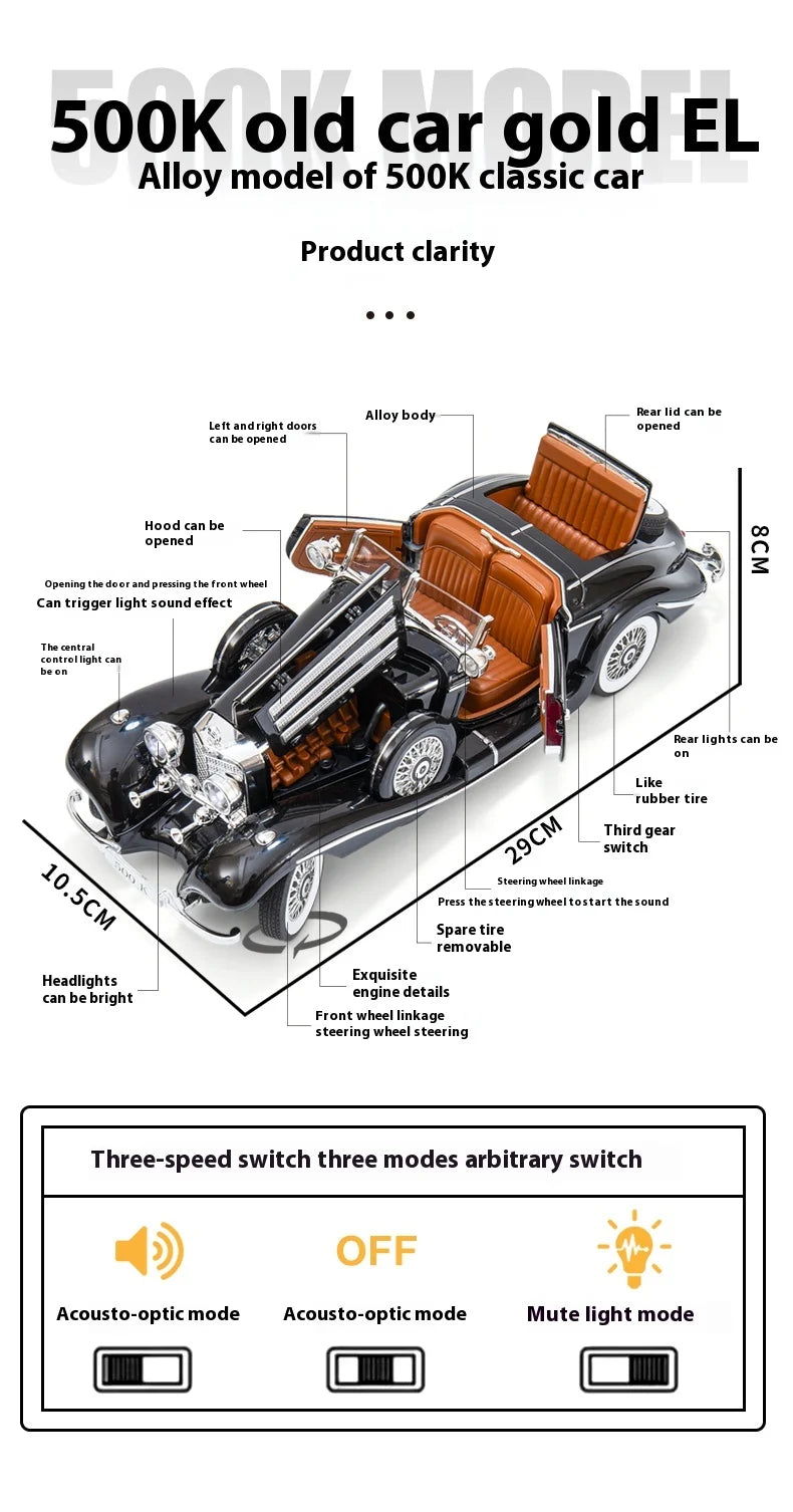 Diecast 1/18 1936 500K Classic Car Alloy Metal Model Sound And Light Toy Collect Display Ornament