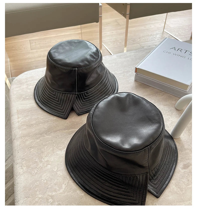 Novelty Female White Line Genuine Leather Big Brim Fisherman Caps Korean Fashion Lambskin Split Basin Sombreros