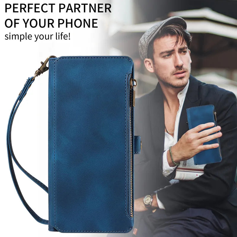 Luxury Leather Flip Wallet Case with Lanyard for Samsung Galaxy S26 / S25 / S24 / S23 Ultra & Plus – Magnetic Full Coverage Phone Bag Cover