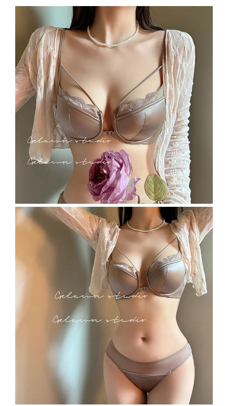 Womens French Lace Front Closure Push Up Bra and Brief Set