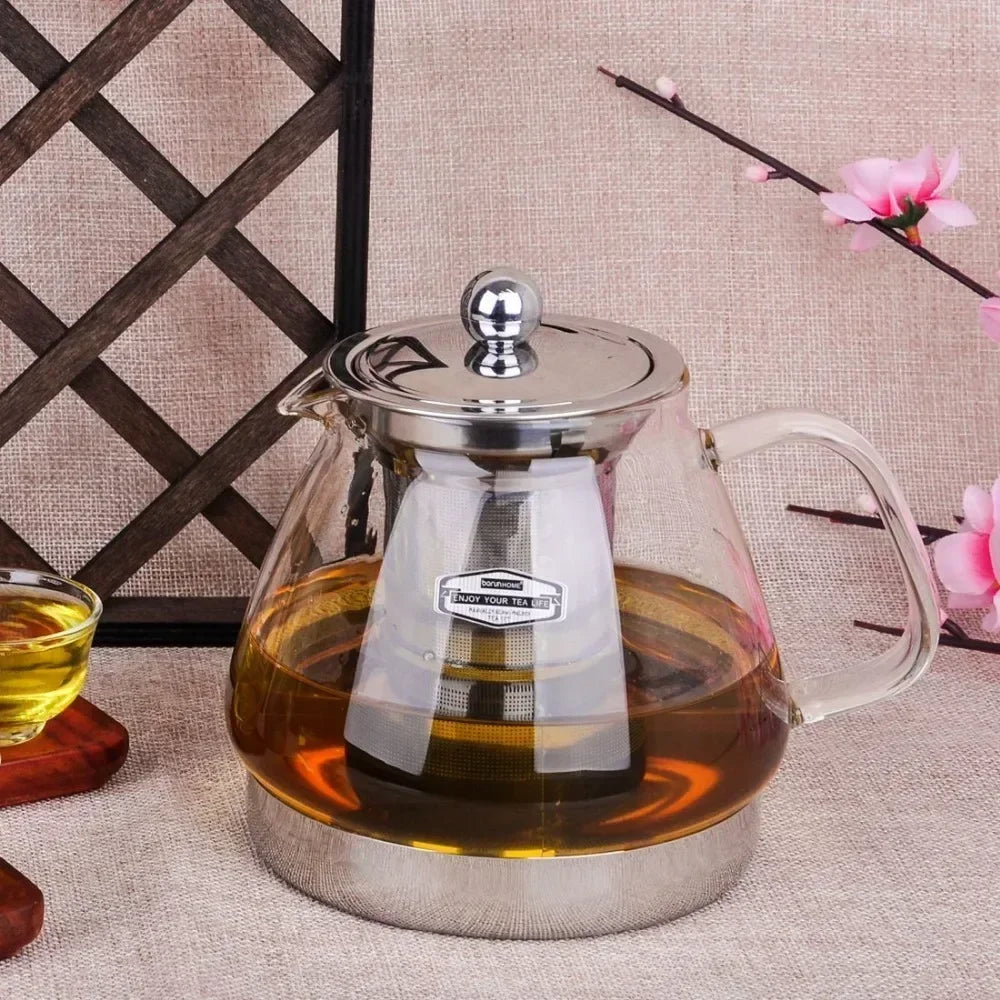 Heat Resistant Borosilicate Glass Teapot with Stainless Steel Infuser for Induction Cooker 1.2L
