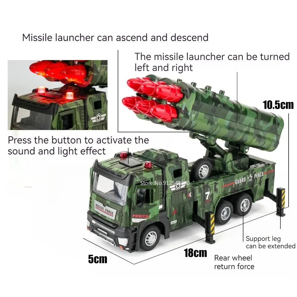 1:32 Ladder Truck Water Tanker Military Missile Rocket Launcher Trucks Model Toy Car Metal Diecast Sound Light Models Boys Gifts