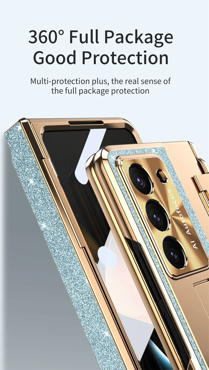 Luxury Flip Leather PC Integrated Phone Case For Samsung Galaxy Z Fold 3 4 5 6 Glitter Series With Holder Phone Protective Case