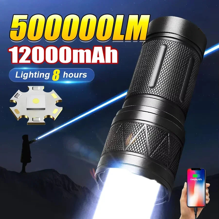 Ultra Bright LED Flashlight 12000mAh Rechargeable Zoomable Tactical Torch IPX6 Waterproof Power Bank