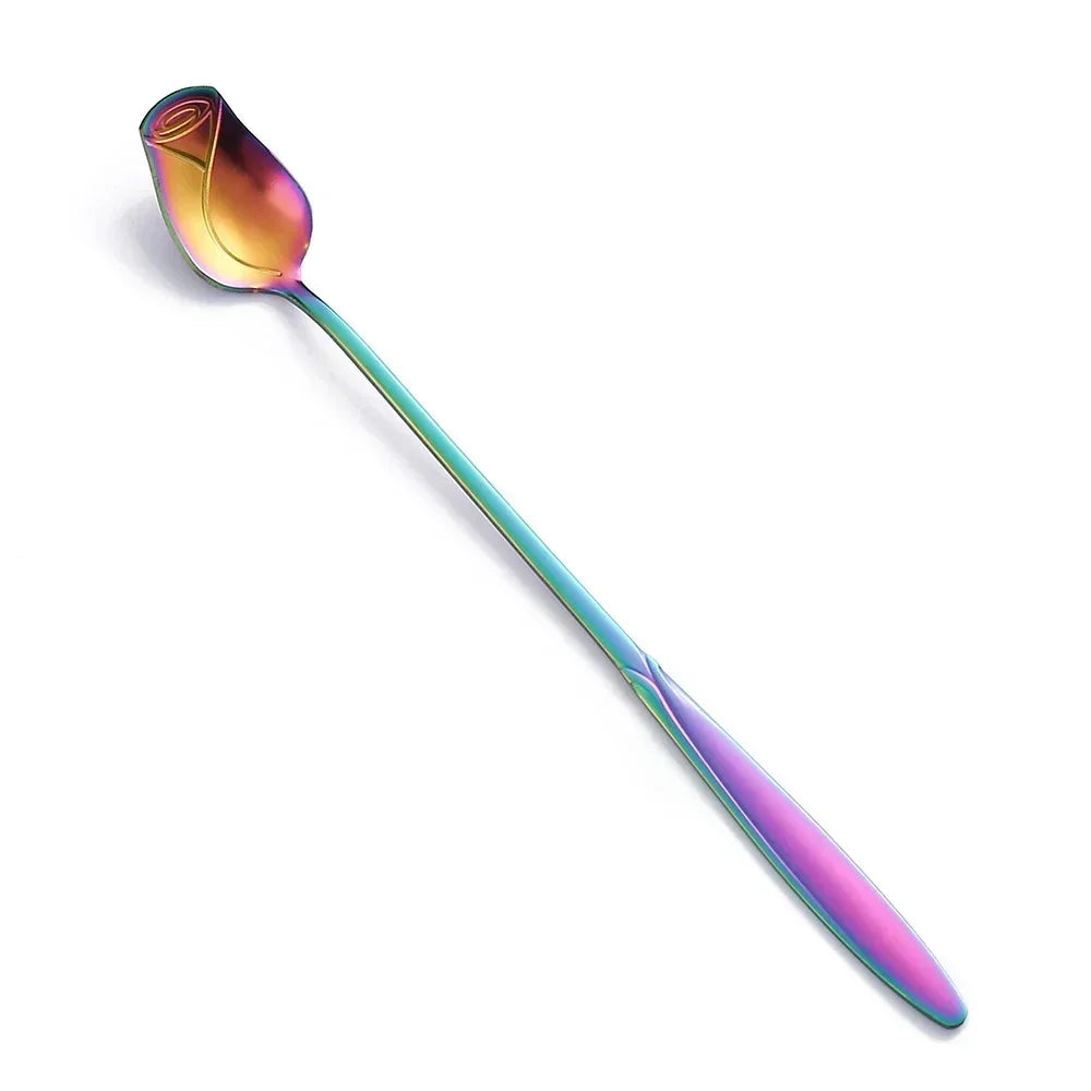 Long Handle Coffee Spoon Stainless Steel Rose Mixing Spoon Pretty Flower Teaspoons for Dessert Honey Salad Cake Tea Home Decor