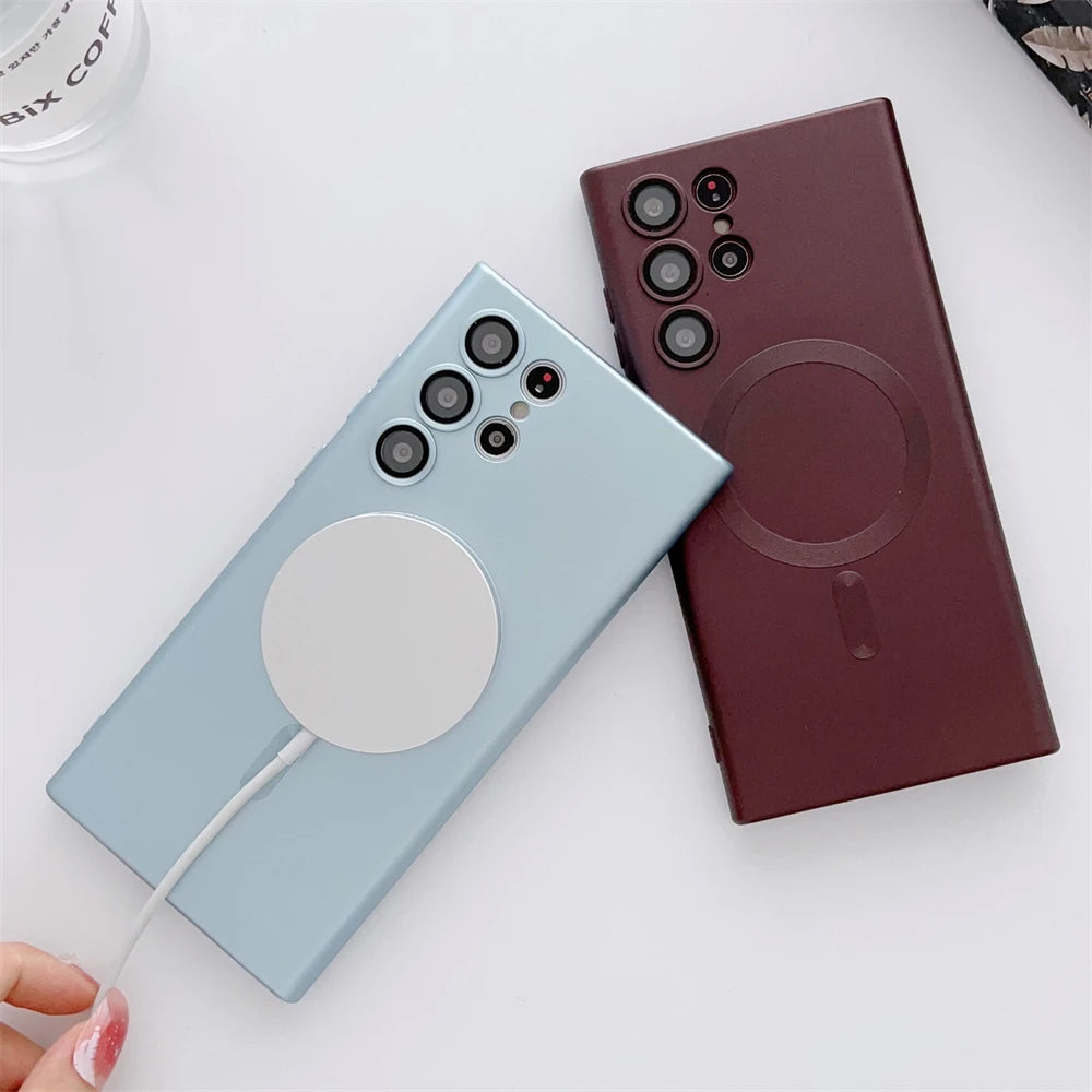 Metal Matte For Magsafe  Wireless Charger Case for Samsung S24 S23 Ultra S22 Plus S21 Shockproof Soft Silicone Cover