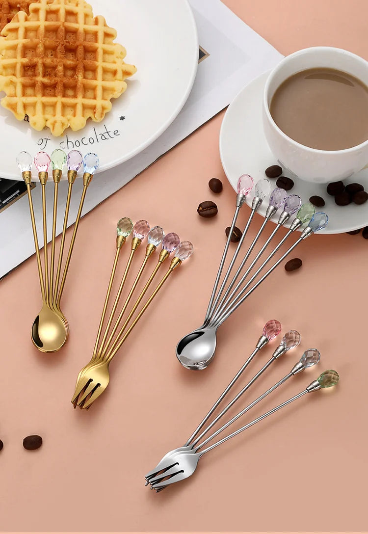 Stainless Steel Diamond Coffee Spoon and Fork Set Creative Crystal Long Handle, Perfect for Desserts, Ice Cream, Cake, and Fruit