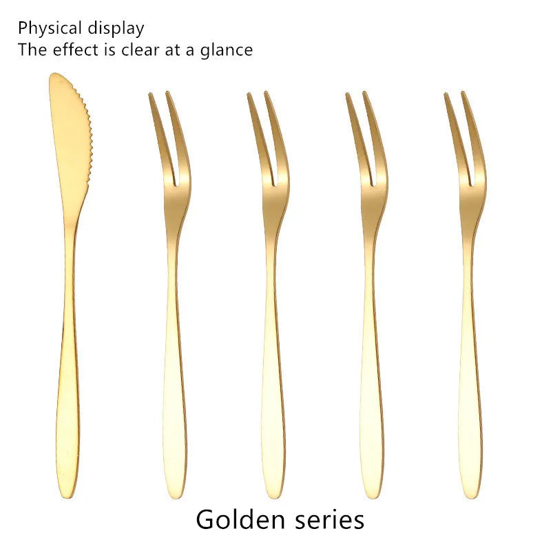 10pcs Stainless Steel Fruit Fork Small Toothpick Multifunctional Fruit Stick Gold Moon Cake Knife Food Picks Kitchen Accessories