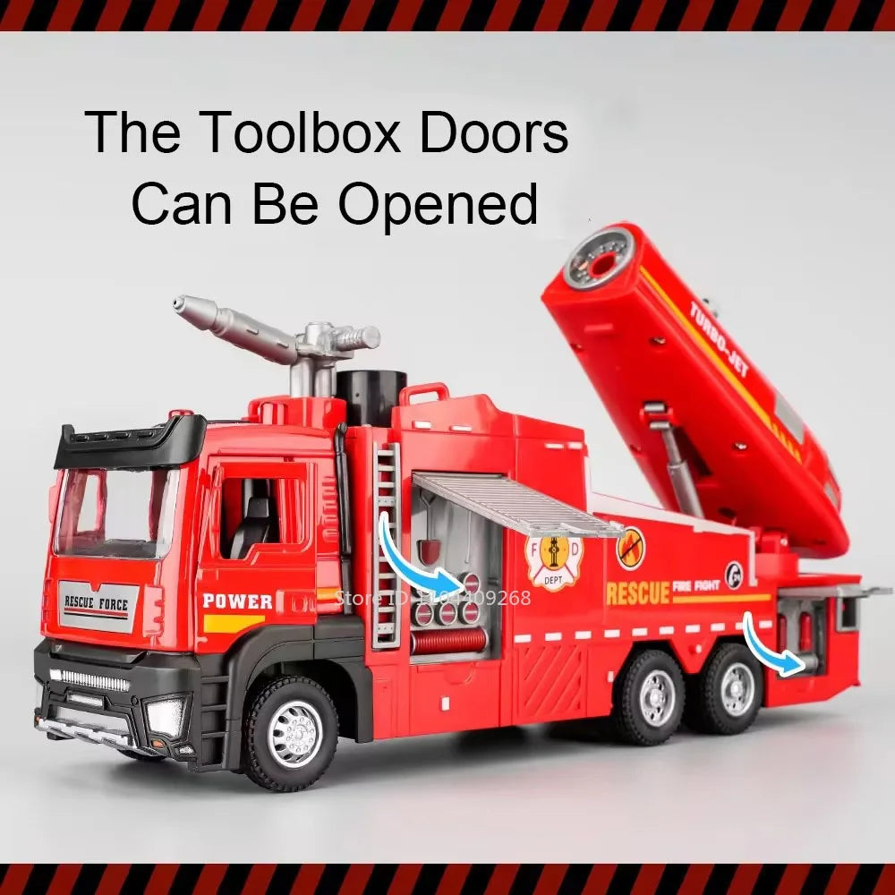 1:32 Water Spray Fog Fire Truck Model Sweeper Toy Car Sound Light Pull Back Doors Opened Vehicles Collection  Gifts