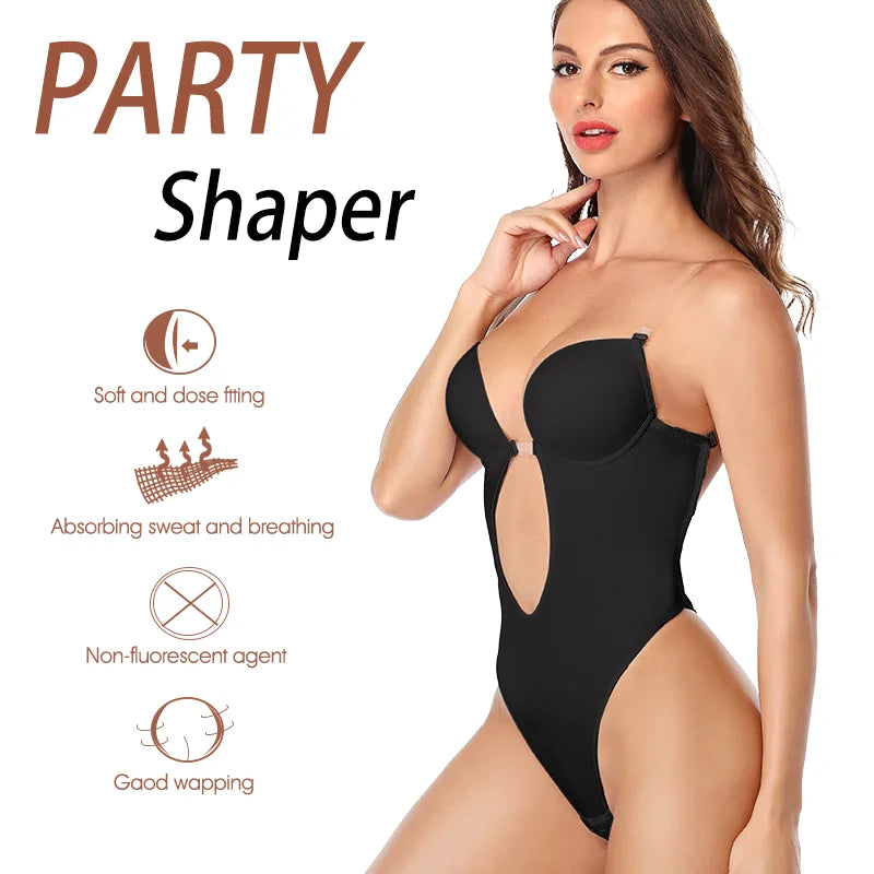 Women U Plunge Backless Bodysuit Shapewear – Deep V-Neck Tummy Control Body Shaper
