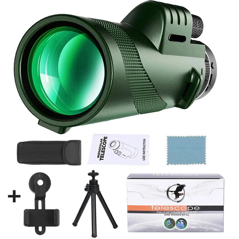 80X100 Hd Monocular Telescope Long Range Zoom Bak4 Prism Telescope with Tripod Phone Clip Hunting Camping Bird Watching Hiking