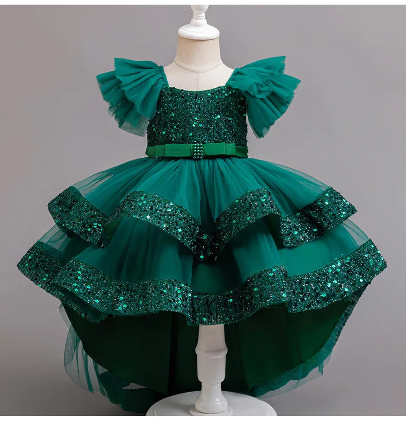 Sparkling Girls' Evening Gown - Sequin Dress with Train for Birthday Party & Piano Recital
