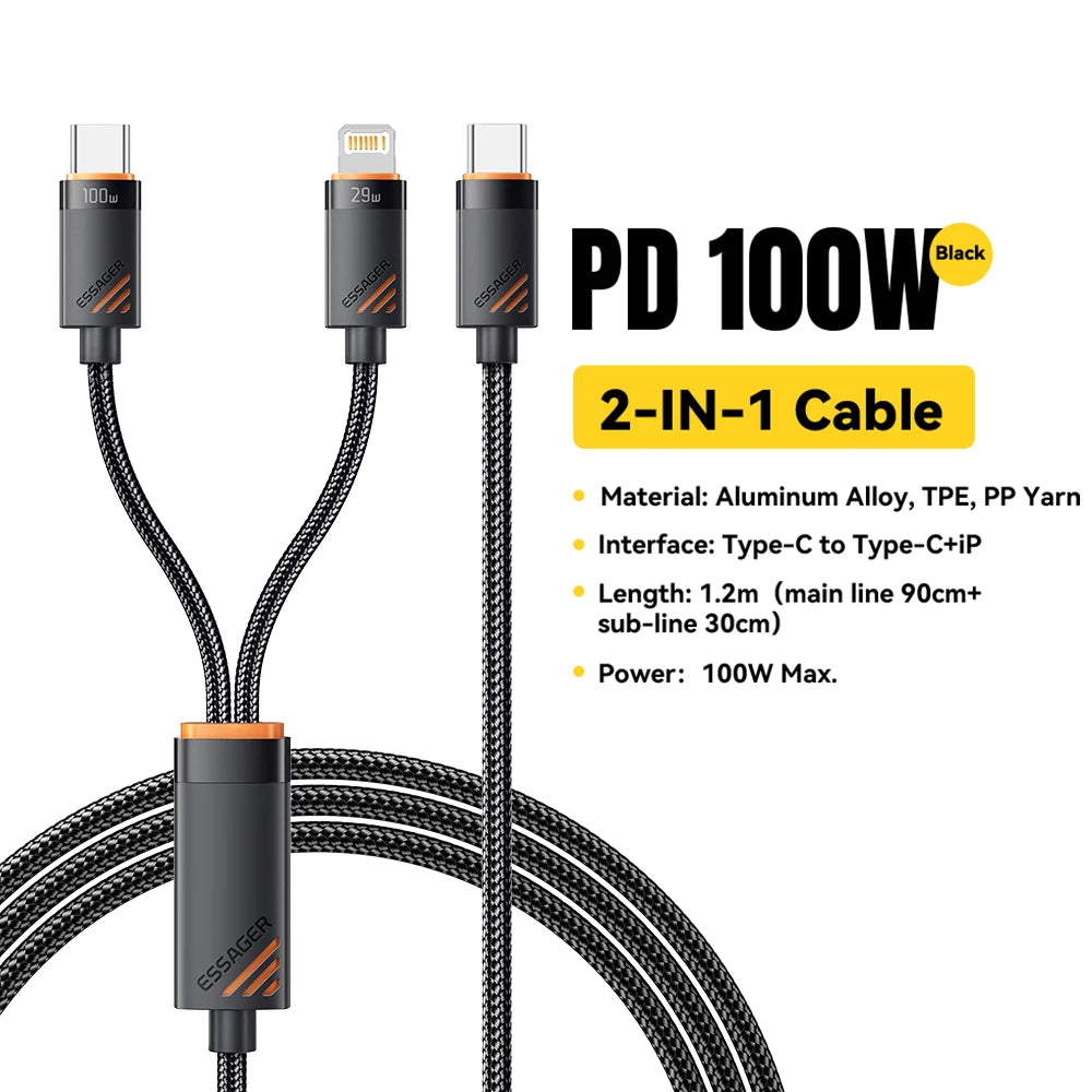 2-in-1 USB-C to USB-C + Lightning PD 100W Fast Charging Cable
