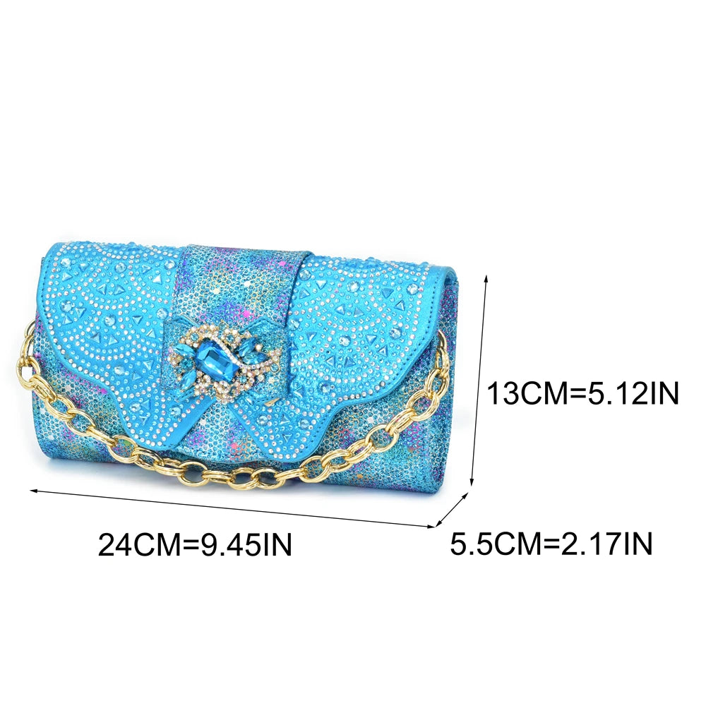 Women Low Heels Sandals Shinning Material with Rhinestone Italian Design Sky Blue Color Peep Toe Shoes and Bags Set