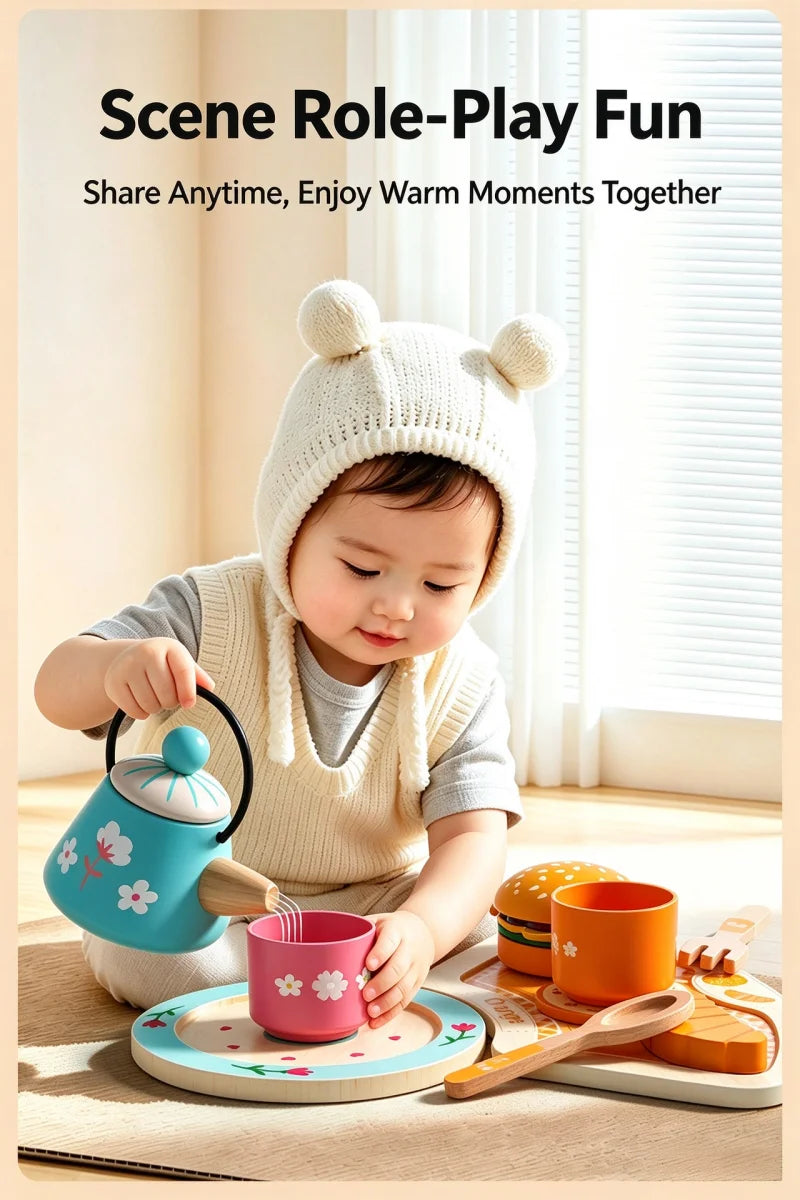 Wooden Tea Set Pretend Play Toy with Teapot and Teacups